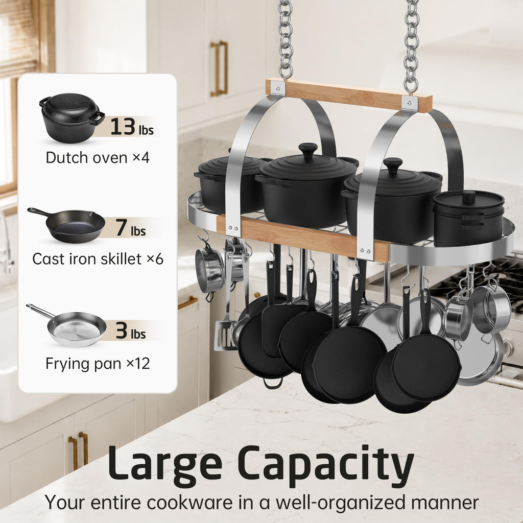 Natural Rubberwood 39 Inch Large Hanging Pot Rack, 130 LBS Capacity