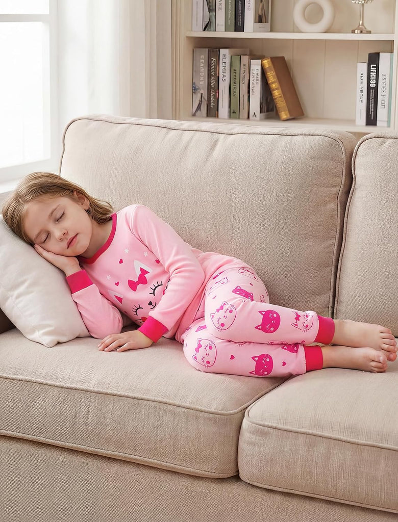 Girls Cotton Pajamas Snug Fit Piece Long Sleeve Sleepwear Set