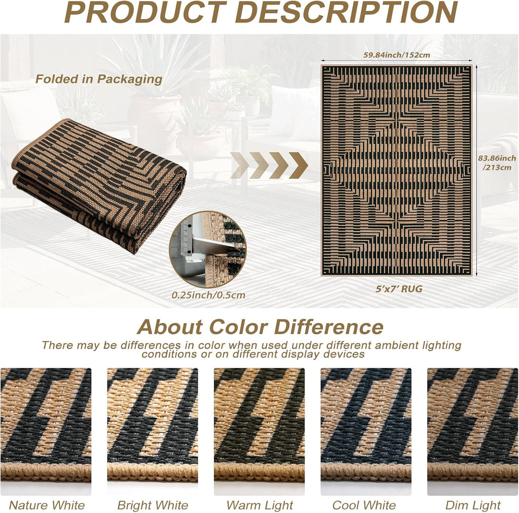 Easy Jute Indoor Outdoor, Washable Striped Area Rug Non Slip
