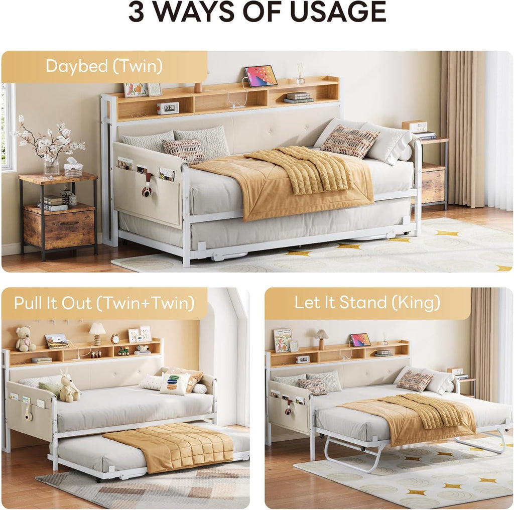 Daybed with Trundle, Twin Bed Frame,White | with Upholstered Headboard and Charging Station, Sofa Day Bed with Strong