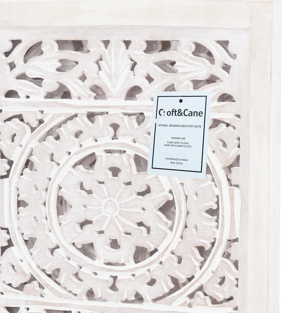 Wooden Foldable Pet Dog Gate - Hand Carved 4-Panel 80 W x 24 H