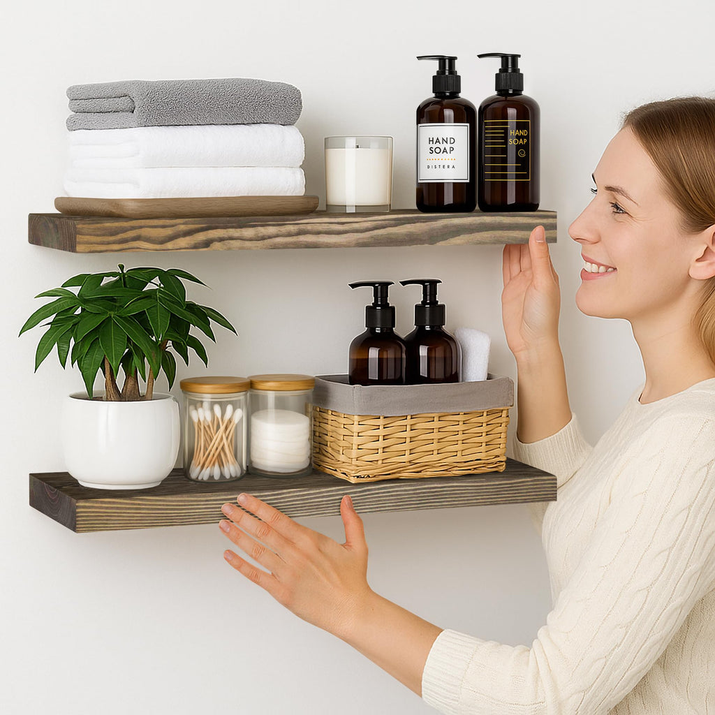 30 inch Walnut Floating Shelves for Wall Set of 2, High End Solid Real Wood 30 in Floating Shelf, Rustic Wooden Wall