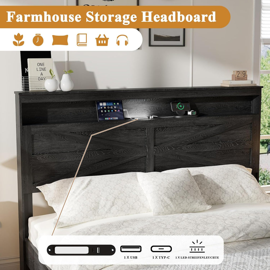 Farmhouse Wooden Bed Frame Queen with Storage Headboard, Boho Platform Bedframe with LED Lights and Charging Station