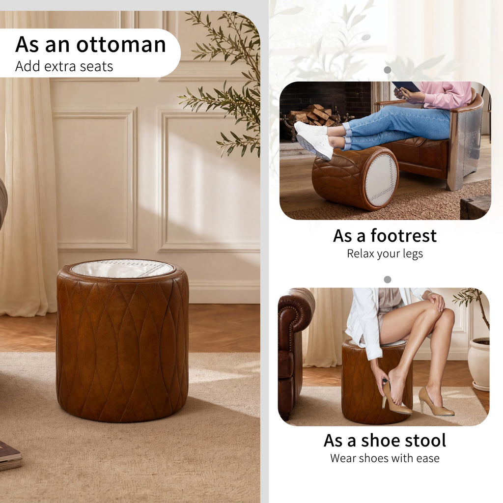 Genuine Leather Ottoman Round Pouf with Aluminum Patchwork