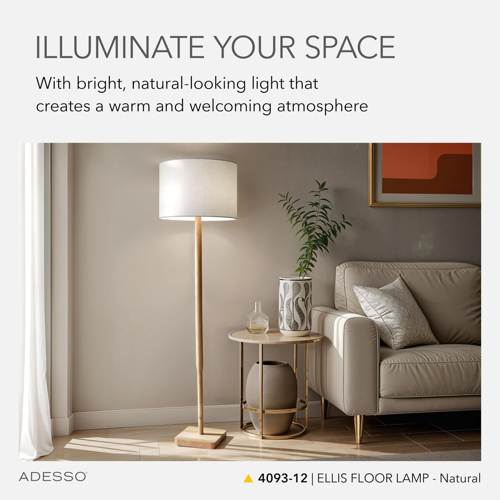 Floor Lamp, Natural Rubberwood & White Linen, 3-Way, 58.5"