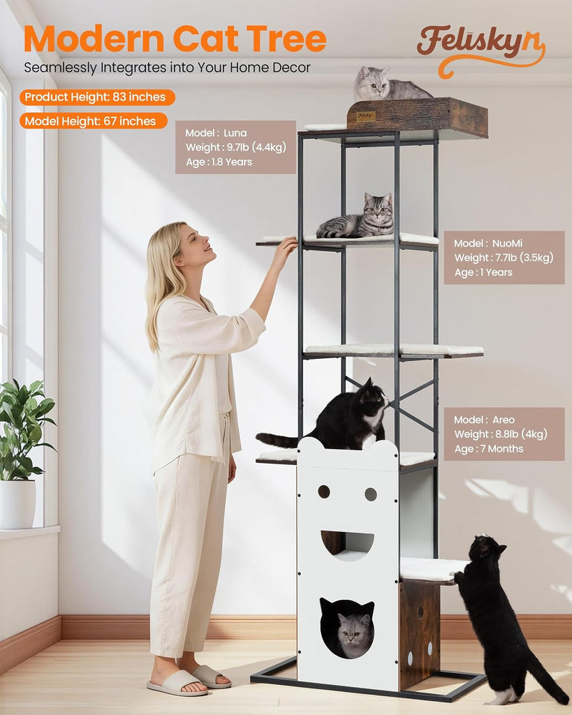 Wood Modern Cat Tree Tower, 84 Inch XL Tall Indoor Large Cat Condo