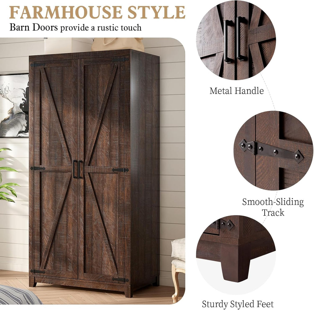 70" Farmhouse Wardrobe Closet Set of 2 with Hanging Rod & Barn Doors