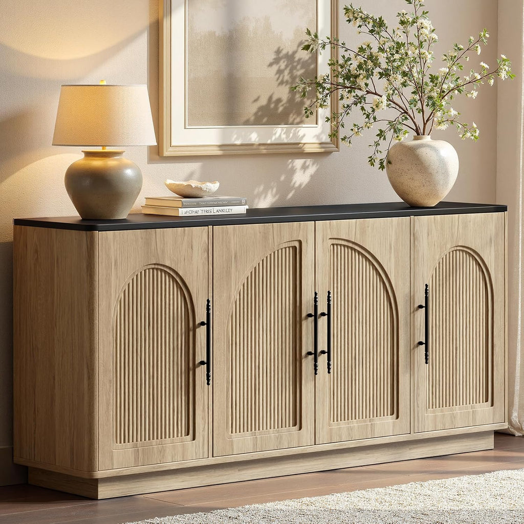 67IN Oak Fluted Sideboard Buffet Cabinet with Storage | Large Wood Storage Cabinet with Arched Door, Dining Room