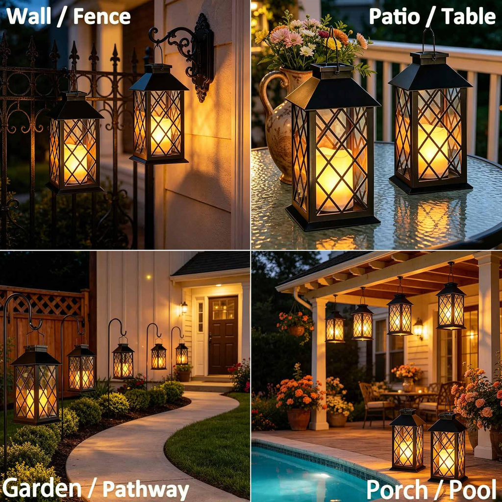 14" Large Tempered Glass Solar Lanterns Outdoor Waterproof, Black