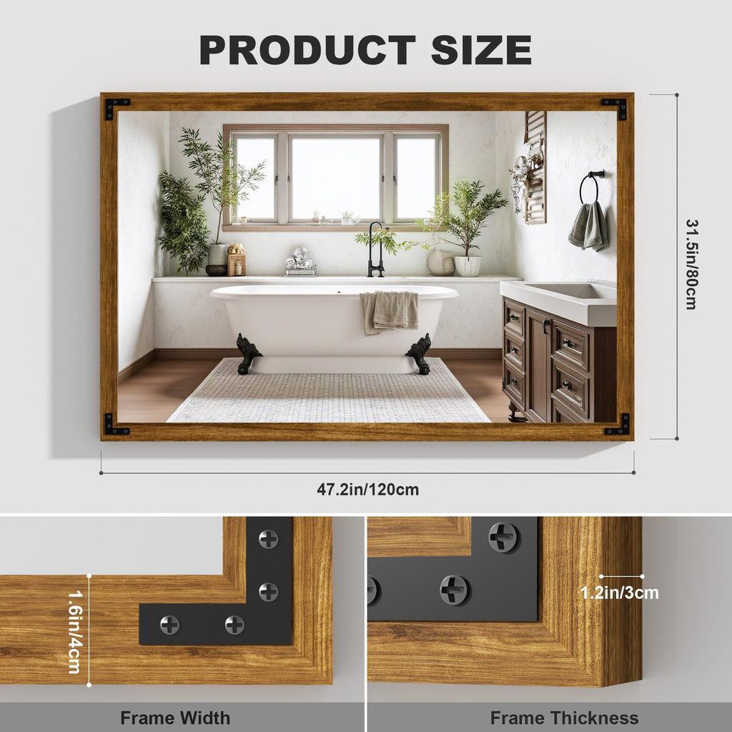 Farmhouse Bathroom Mirror, 48"x32" Rustic Wood Framed Wall Mounted Mirror, Walnut Vintage Vanity Mirror Modern