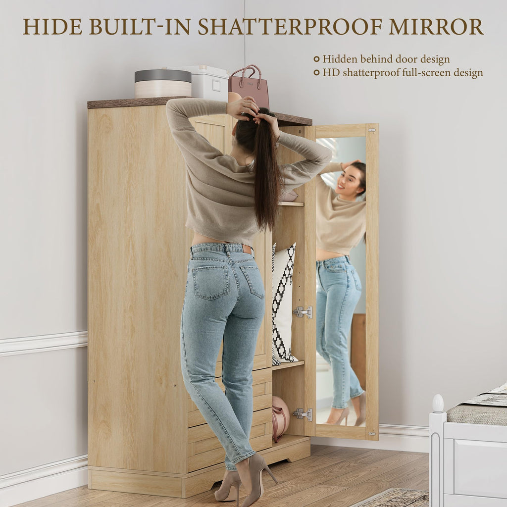 62" Wooden Armoire Wardrobe Closet with Mirror, Natural, 3 Doors