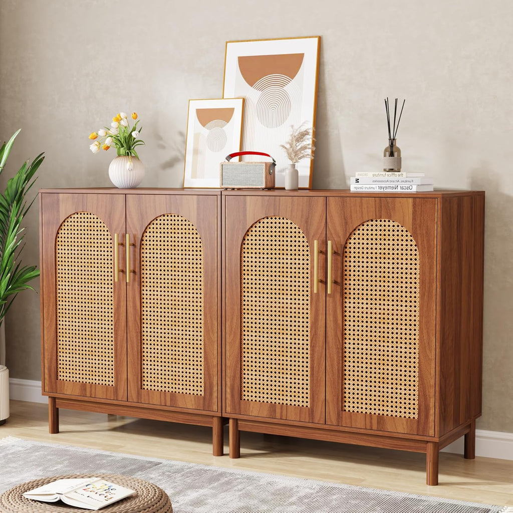 Set of 2 Rattan Sideboard Buffet with Storage, 59 Inch Accent Cabinet with Doors, Storage Cabinet , Caramel Brown