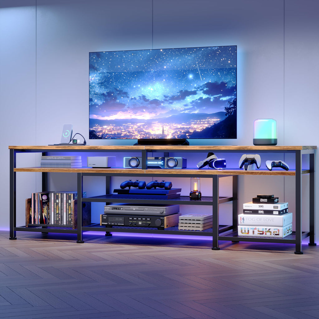 71 Inch TV Stand with Power Outlets & LED Lights, Rustic Brown