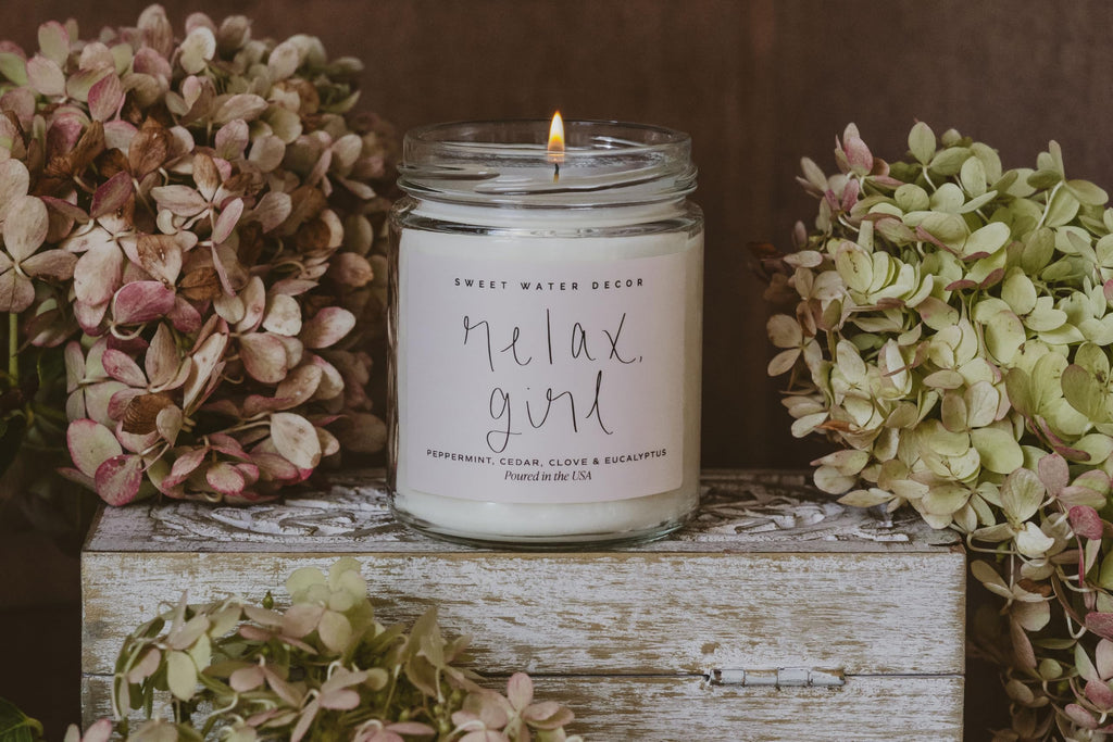Relax Girl, Peppermint, Cedar, Clove, and Eucalyptus Scented Soy Wax Candle | 9oz Clear Jar, 40 Hour Burn Time, Non