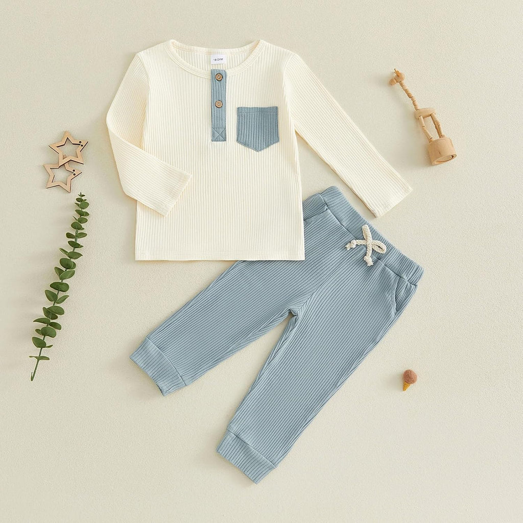 Toddler Boy Ribbed Knit Clothes Henley Tops & Jogger Pants Set