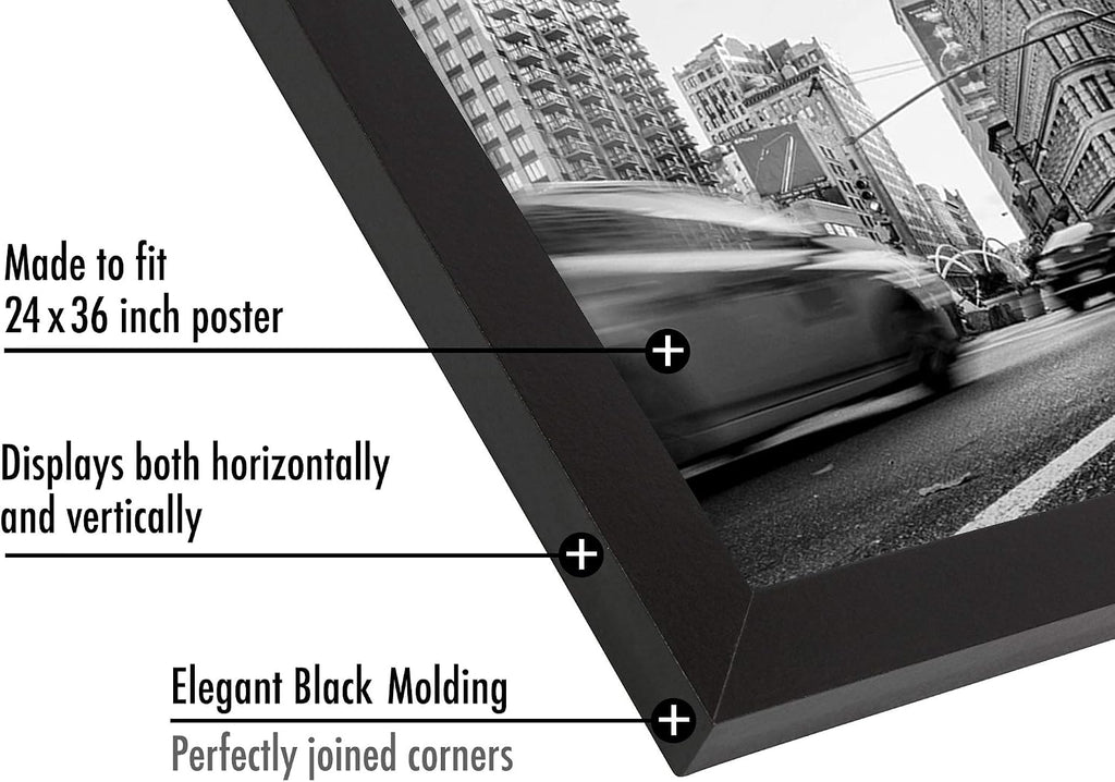 24x36 Poster Frame - Black Engineered Wood with Polished Plexiglass - Wide Picture Frame for Vertical or Horizontal