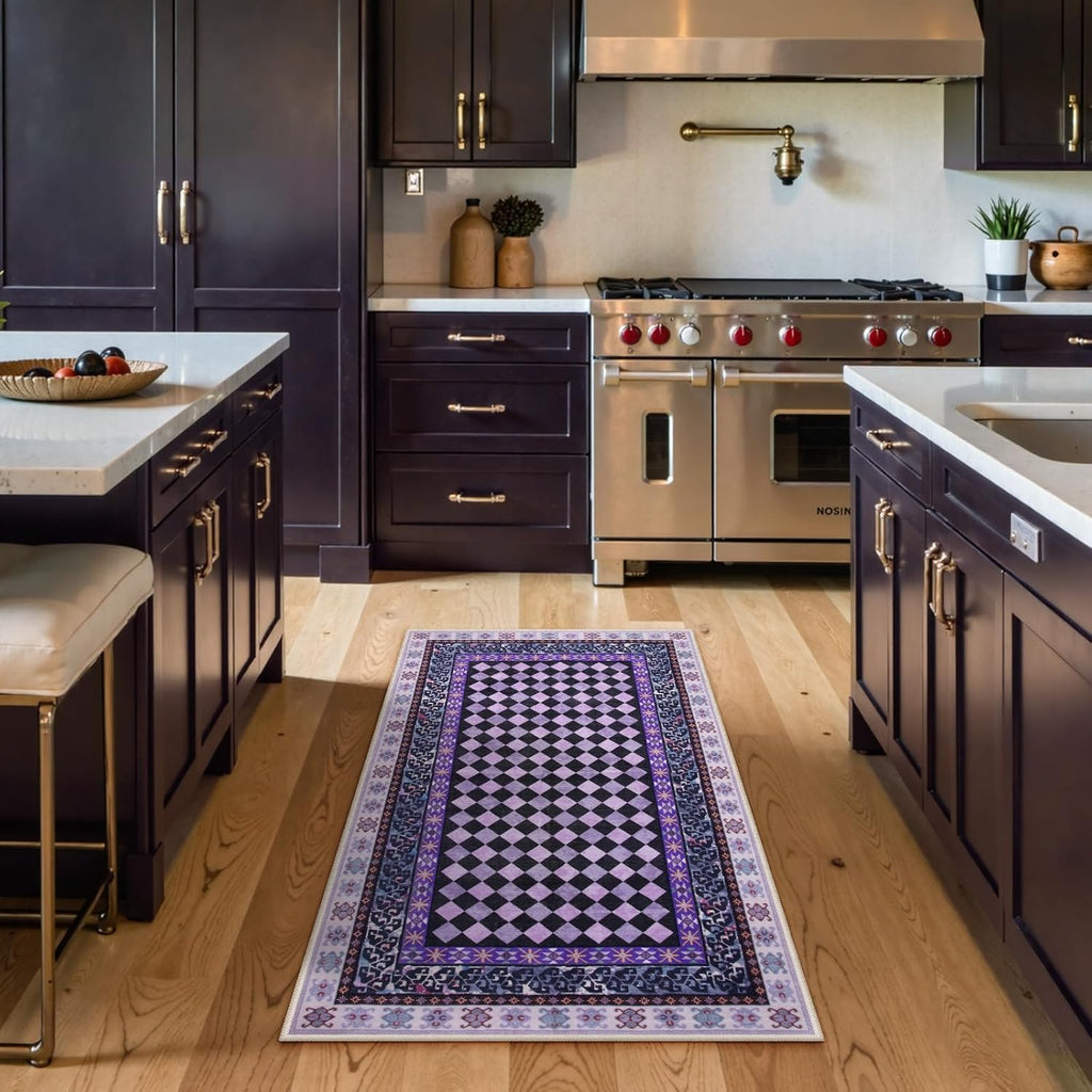 Washable Checkered Area Rugs, Non Slip Purple Trellis Living Room Rug, Low Pile Soft Funky Checked Throw Carpet