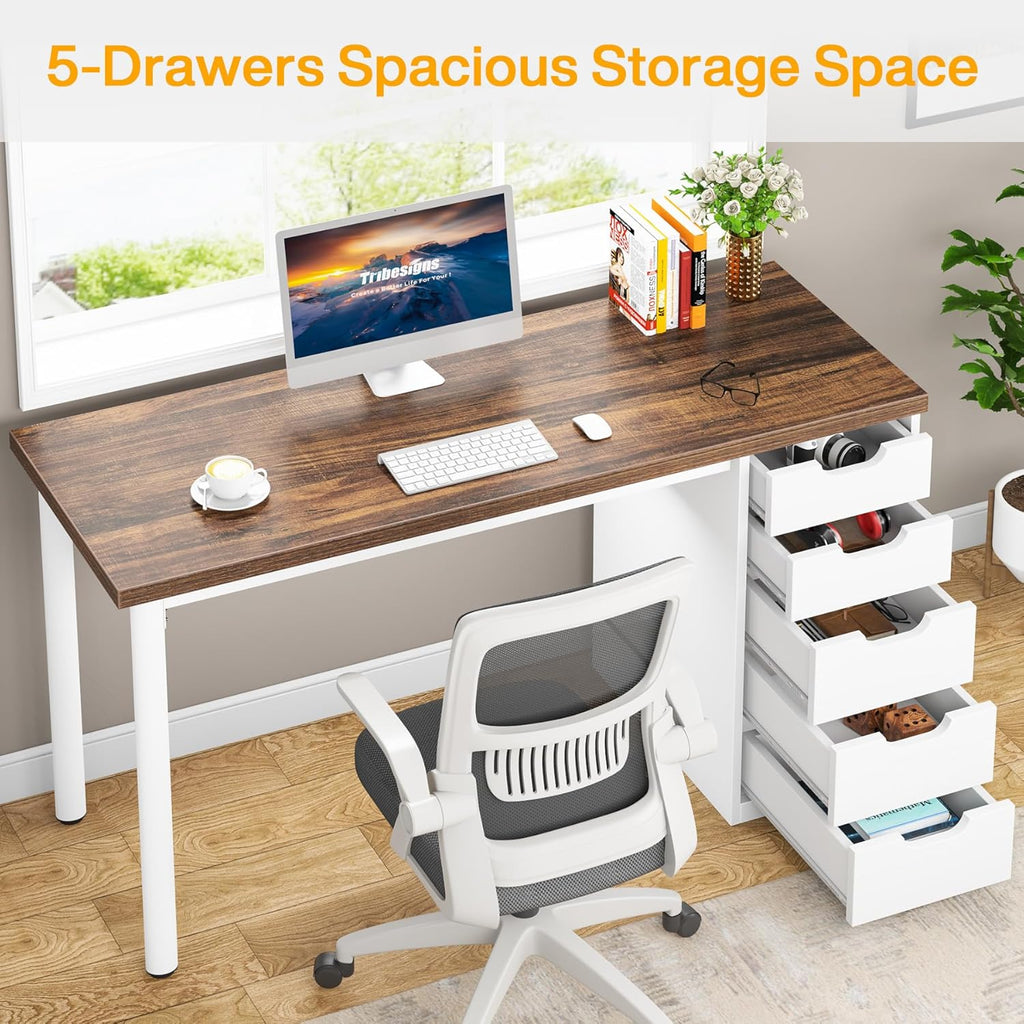 Computer Desk with 5 Drawers, 47 inches Rustic Brown Home Office Desk with Storage