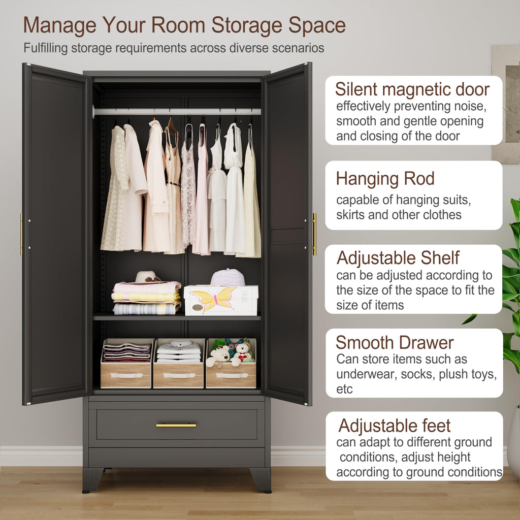 71" H Metal Armoire Wardrobe Closet with Mirror,Household Steel Wardrobe Cabinet with Drawers,Clothing Storage