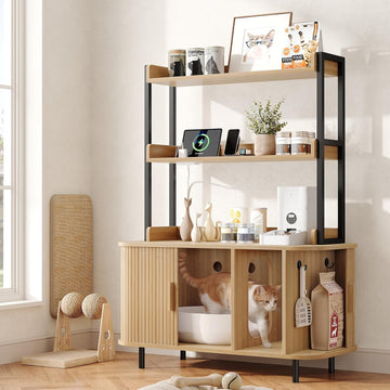 54 in Cat Litter Box Enclosure with Shelves&Charing Station, Oak