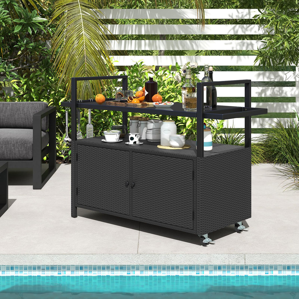 Wicker Rolling Outdoor Bar Cart with Tempered Glass Table, Black