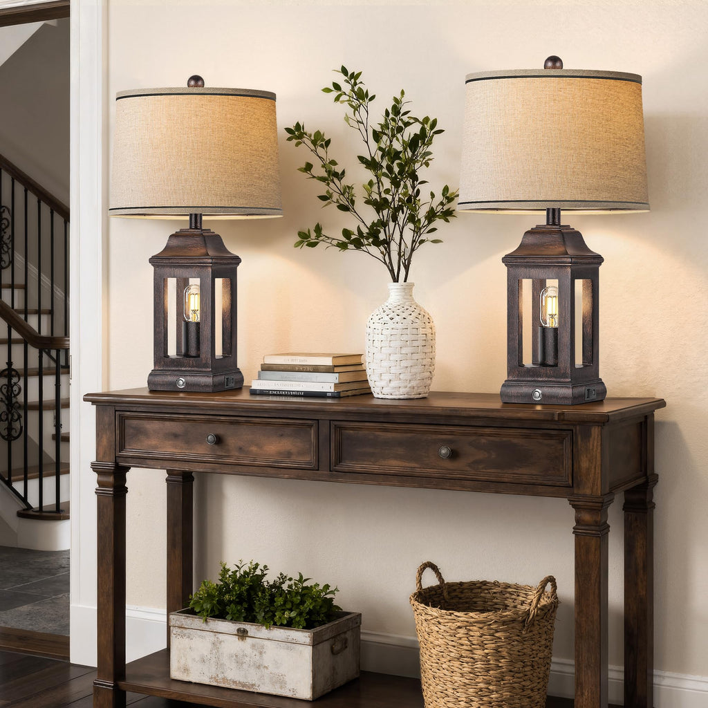 24" Rustic Farmhouse Table Lamps, Single Pack Touch Dimmable Nightlight Vintage Bedside Lamps with USB A+C Ports &