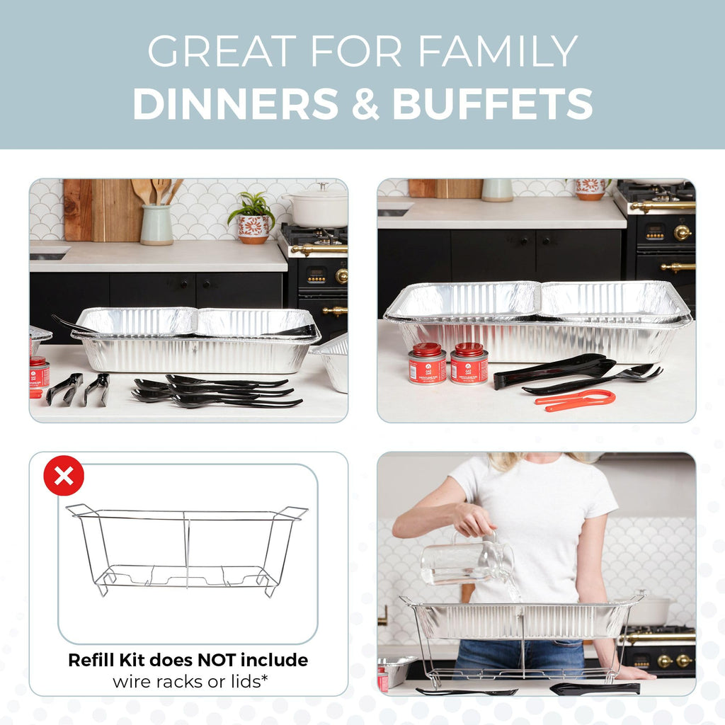 Large Full Size Refill Kit Disposable Chafing Buffet with - Utensils, Fuel Cans Only - Premium Chafing Dish Set for