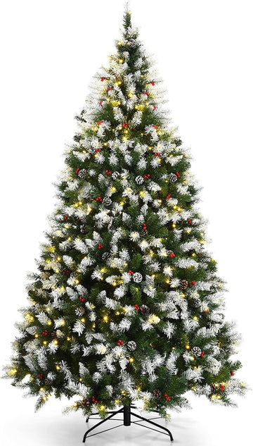 7.5ft Pre-lit Artificial Christmas Tree, Hinged Snow Flocked Xmas Tree w/Pine Cones, Red Berries & 550 LED Lights, 8