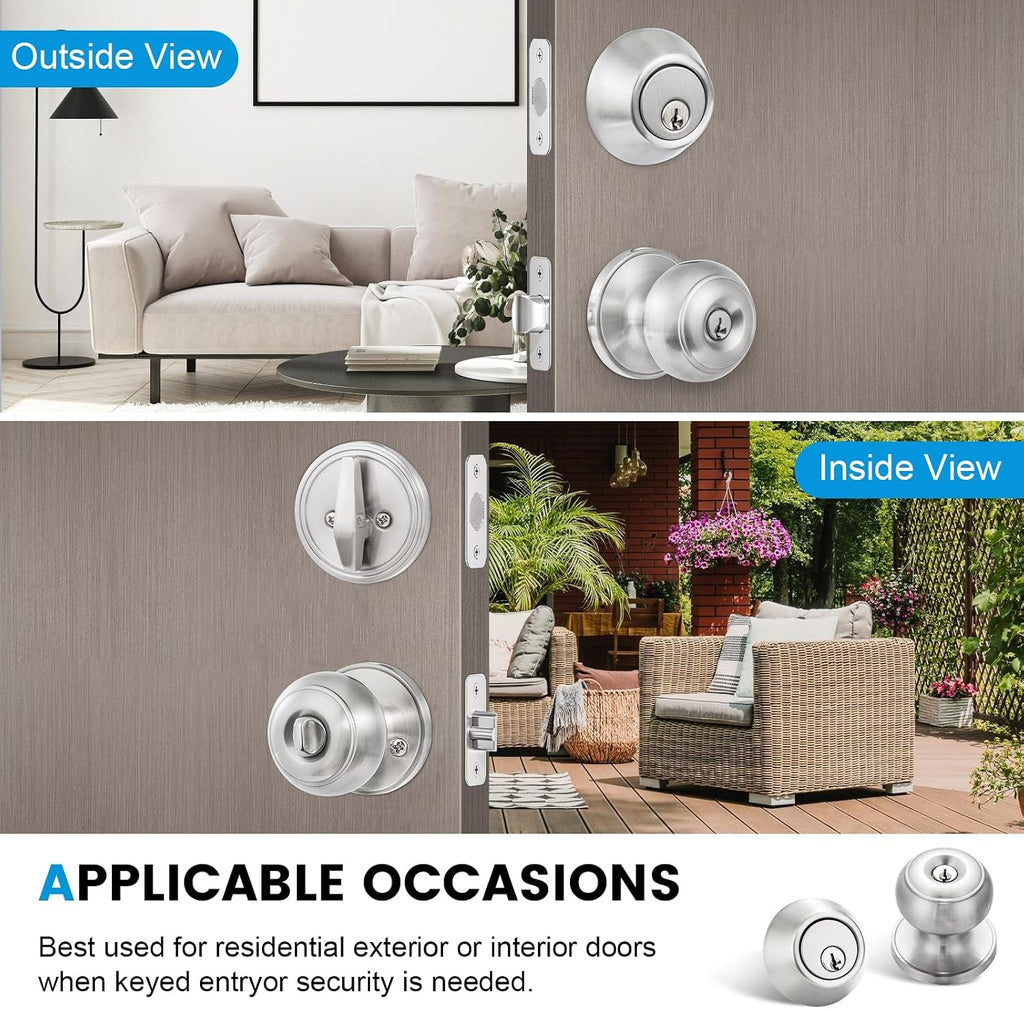 4 Pack Exterior Door Lock Set, Satin Nickel Door Knob and Deadbolt Combo Set, Keyed Alike Entry Door Knobs with