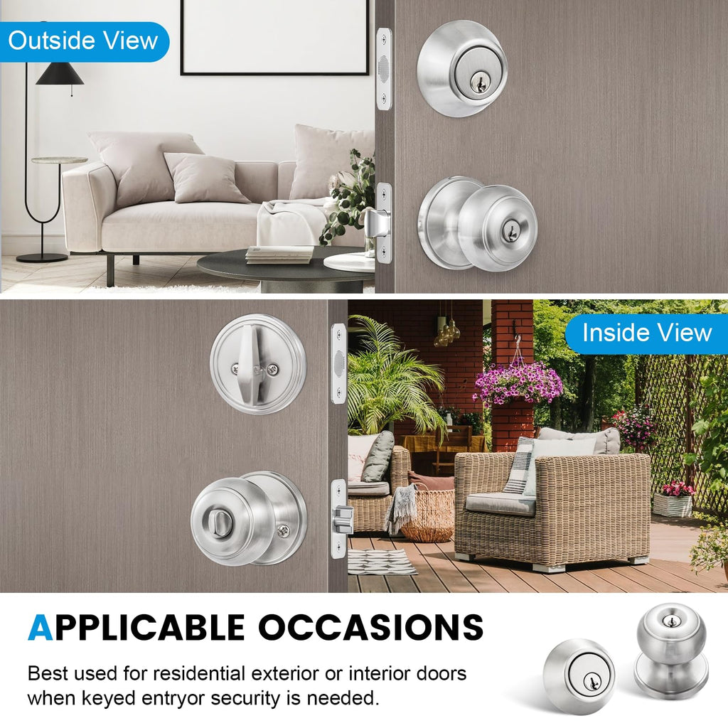 5 Pack Entry Door Lock and Single Cylinder Deadbolt Combo Set, Keyed Alike Satin Nickel Exterior Door Knobs with