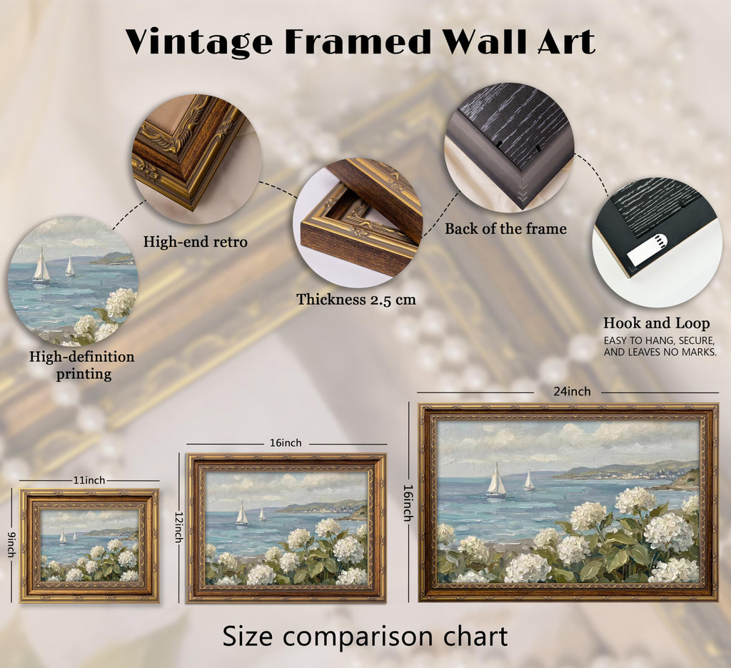 3D Vintage Coastal Wall Art Hydrangea Sailboat Ocean Landscape Oil Painting Textured Seascape Artwork Vintage Gold