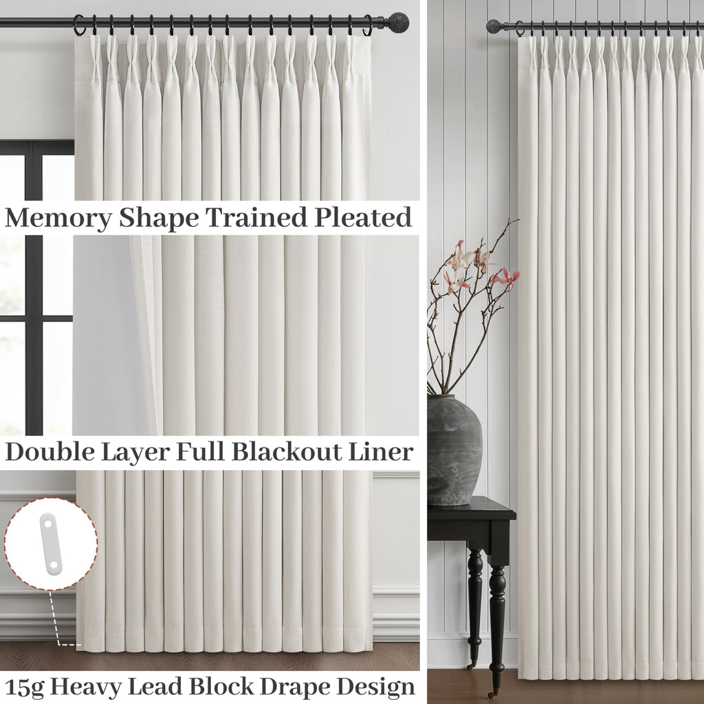Natural Linen Blackout 104 Inch Extra Long Curtains for Laundry Room, Beige White Memory Shape Pinch Pleat Rustic