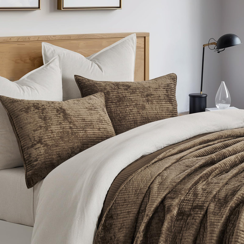 Striped Channel Velvet Quilt Set, Mushroom Brown