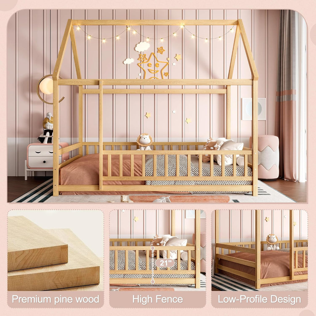 House Floor Bed with Guardrails, Montessori Bed for Kids Natural