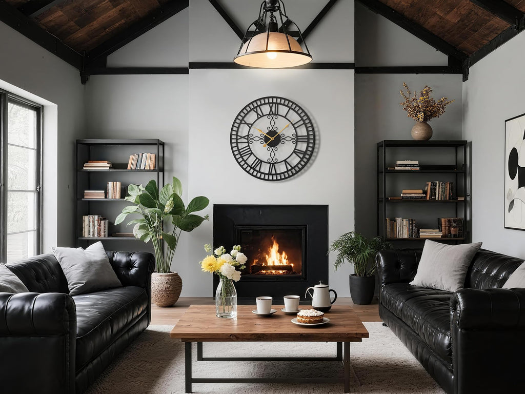 30" Large Wall Clock Decorative, Black Metal Roman Numeral Big Clock Completely Silent, Oversized Wall Clocks