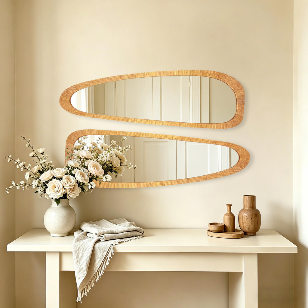 Boho Long Rattan Mirror, 53" Full Length Irregular Mirror for Wall
