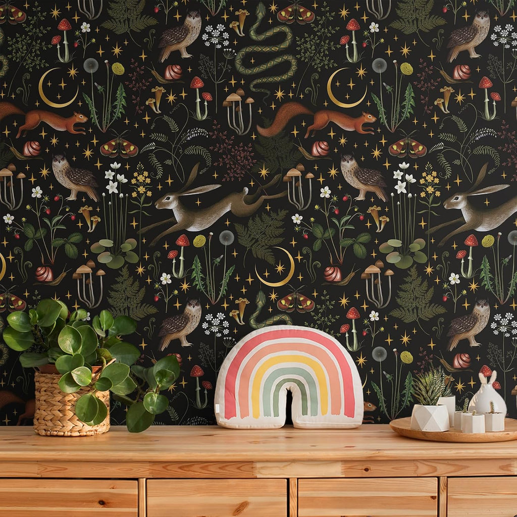 Black Woodland Mushroom Peel and Stick Wallpaper Boho Fairy Forest Wallpaper for Kids Room Nursery 17.7''x354''