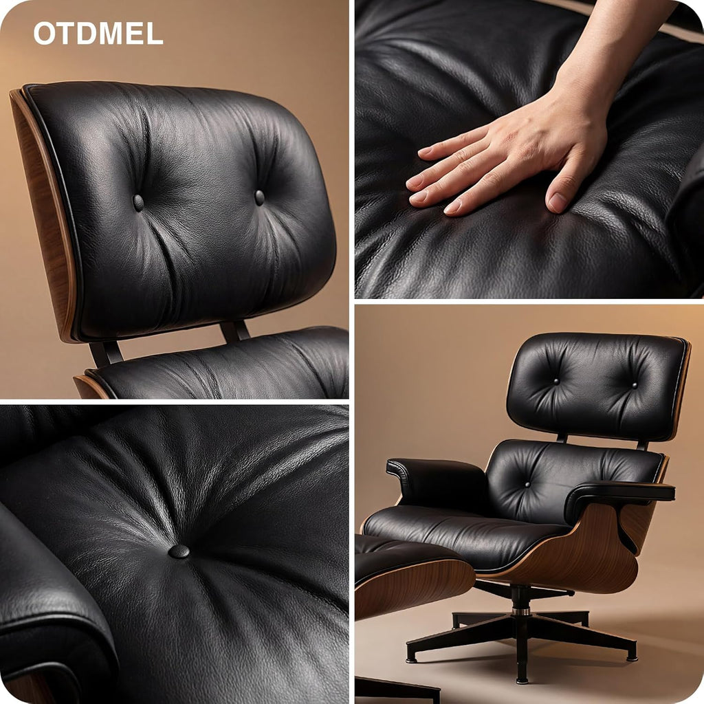 Mid-Century Modern Lounge Chair & Ottoman — Black Top-Grain Leather, Walnut Base, Extended Chaise