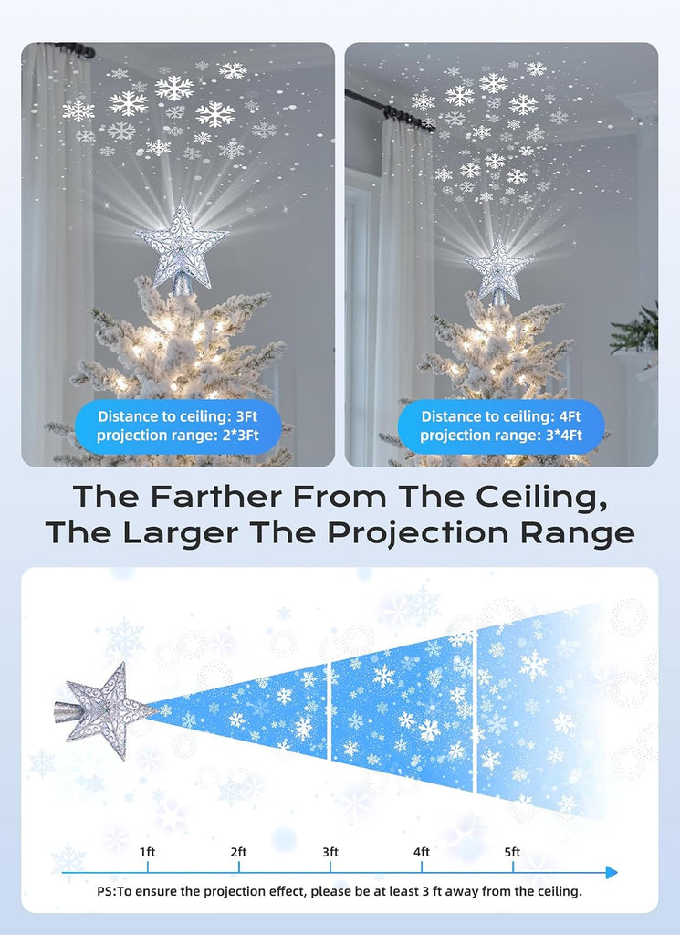 Star Tree Topper with Snowflake Projector Xmas Decoration Silver