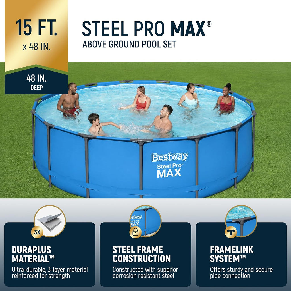 2 Pack Steel Pro MAX Above-Ground Swimming Pool, 15' x 48" Round Metal Steel Frame Backyard Family Pool, Blue, Pool ONLY - Set of 2