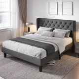 Queen Bed Frame with Button Tufted Wingback Headboard, Upholstered Platform Bed with Wooden Slats Support