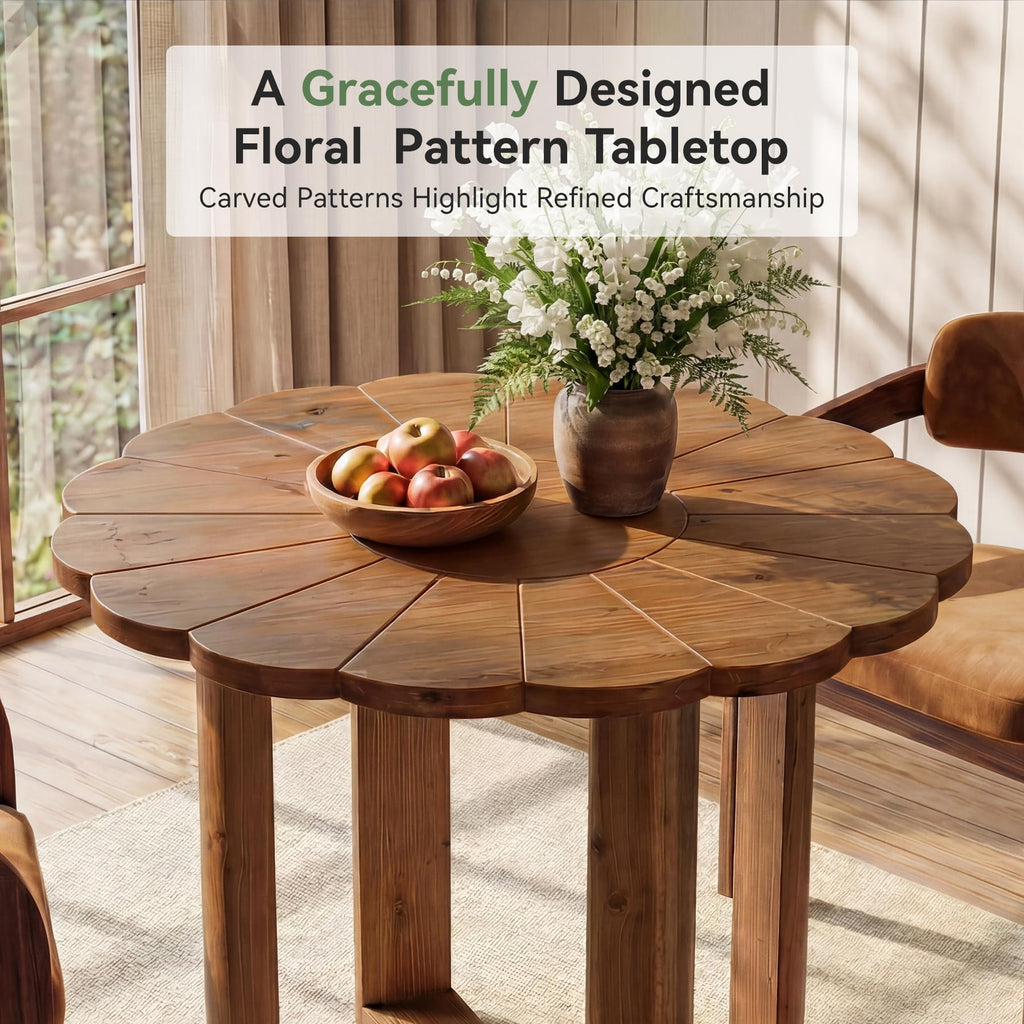 31.5-Inch Solid Wood Round Dining Table for 2-4, Small Farmhouse Kitchen Table with Carved Petal Pattern, Wooden