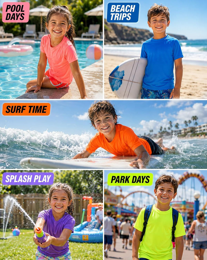 Pack Neon Shirts for Boys, Kids Dry Fit UPF 50+ Short Sleeve Rash Guard T Shirts, Youth Athletic Training Tee