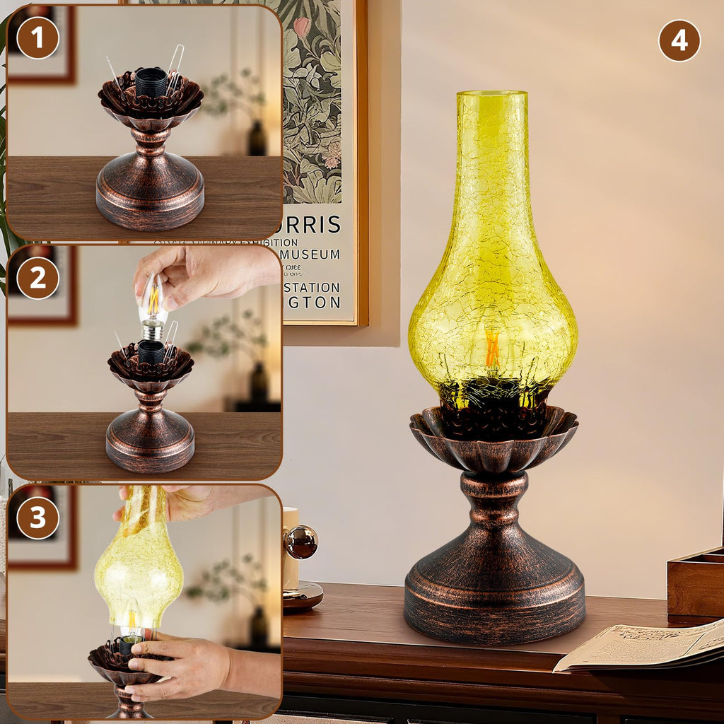 Vintage Table Lamp, Touch Control & 3-Way Dimmable Rustic Retro Farmhouse Bedside Lamp with Amber Glass Shade and LED
