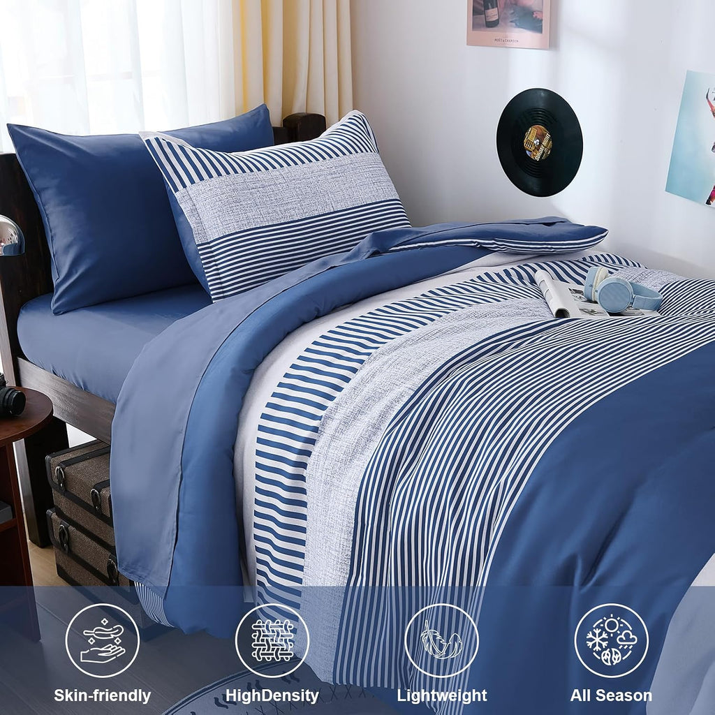 Twin Comforter Navy Blue Striped Comforters for Boys&Girls,5 Pieces Bed in A Bag Simple Neutral-Style Bedding Sets