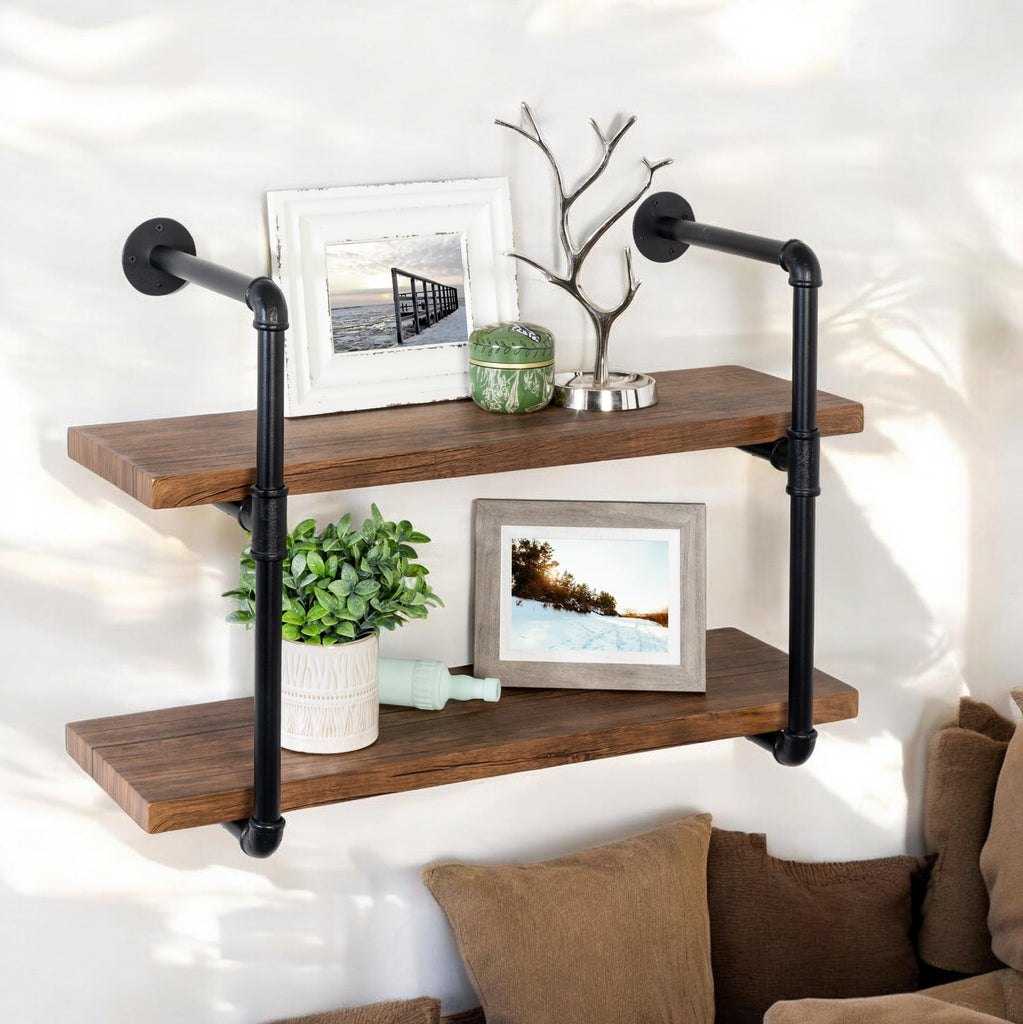 Industrial Pipe Shelf Bracket, 2 Tiers Retro Wall Mounted Floating Shelf, Wood DIY Bookshelf, Storage Shelves