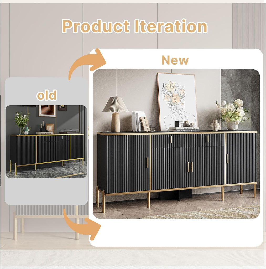 60" Modern Sideboard Buffet Cabinet, Fluted Storage Sideboard with Adjustable Shelves & Pop-Up Doors, Multifunctional