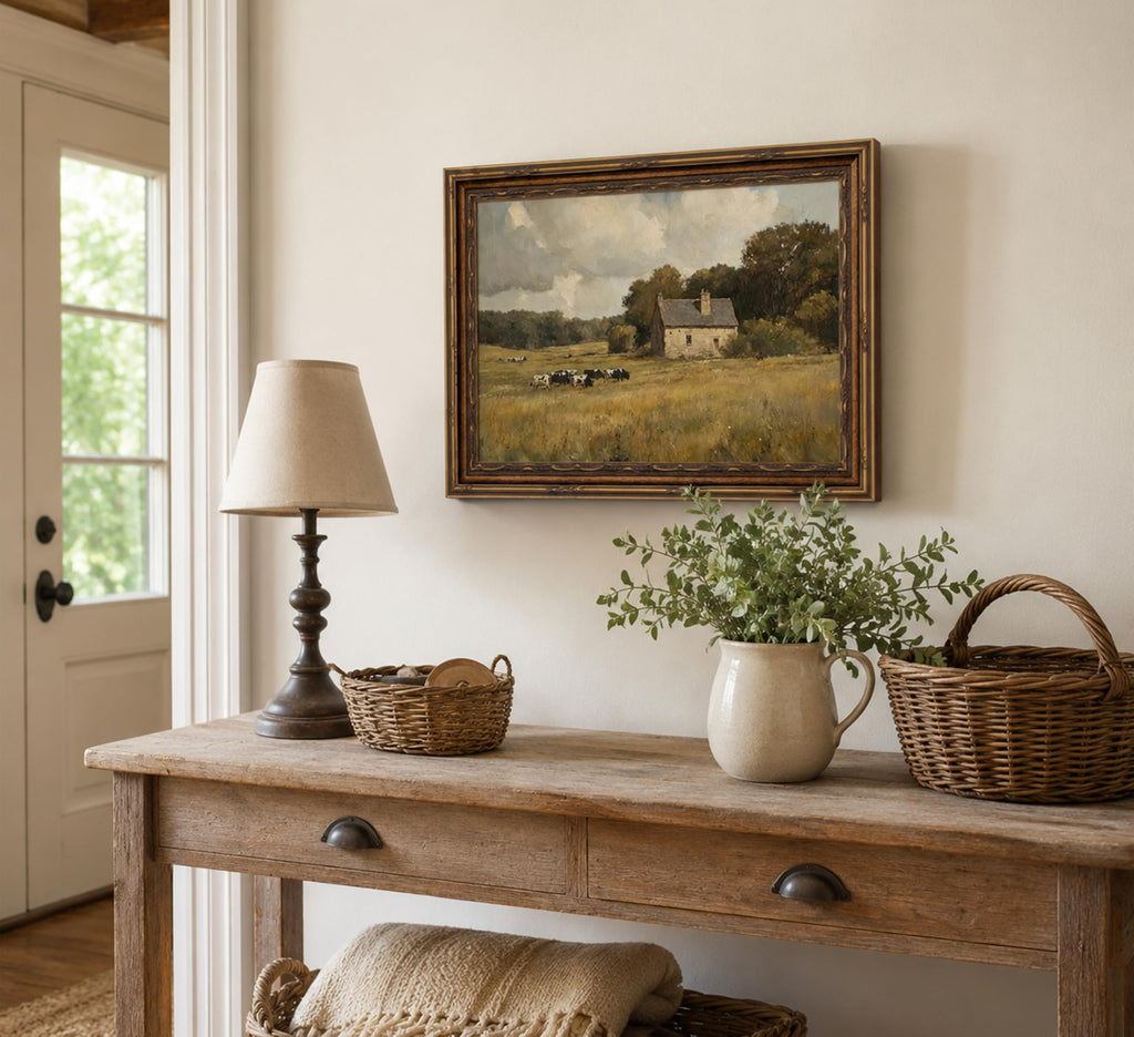 Vintage Cow Farm Landscape Framed Wall Art 12x16 In