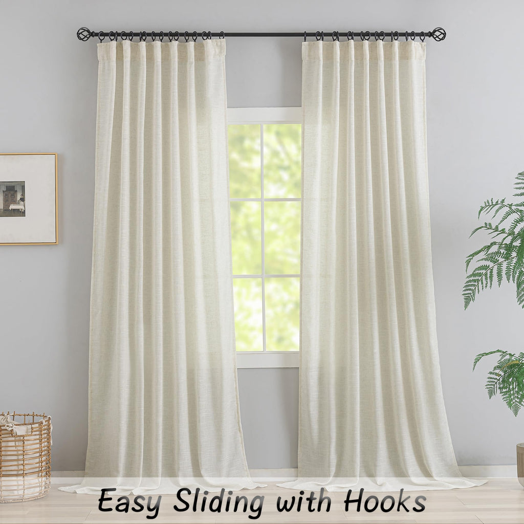 Natural Linen 144 Inch Length Curtains for Tall Floor Ceiling Villa Living Room -Cream Ivory Bak Tab Hooks Pleated