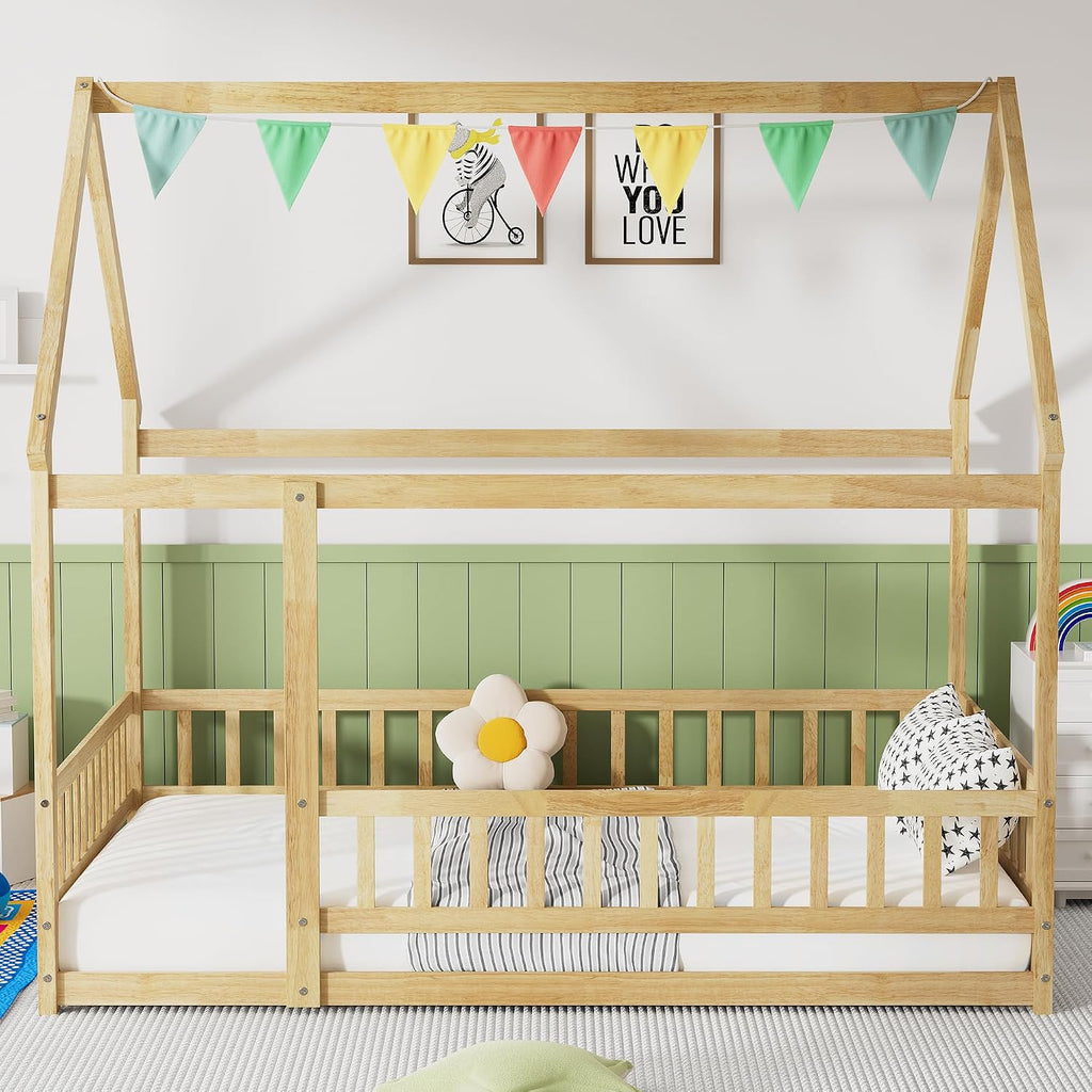 Toddler Floor Bed with Roof and Fence, Natural